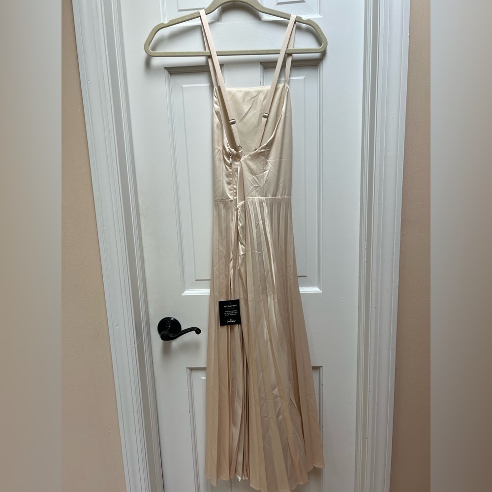 Lulus Give us a Twirl Champagne Satin Pleated Midi Dress - Picture 5 of 11